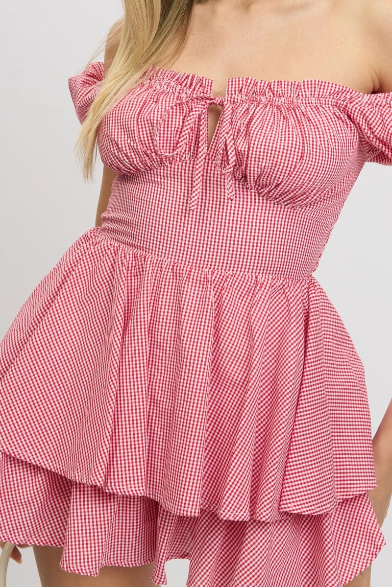 Red Check Ruffle Playsuit Short Sleeve