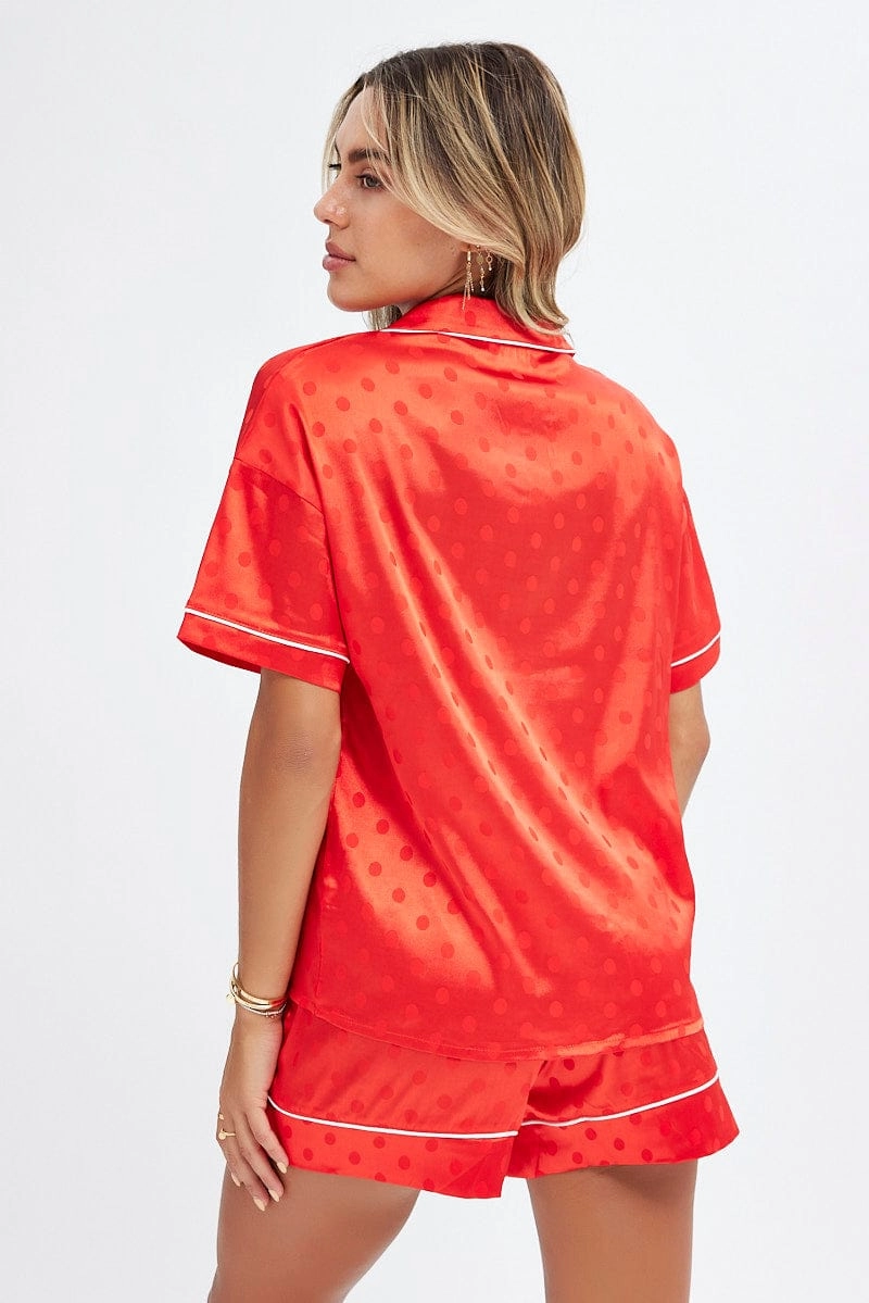 Red Polka Dot Satin PJ Polka Dot Contrast Piping Pyjama Set