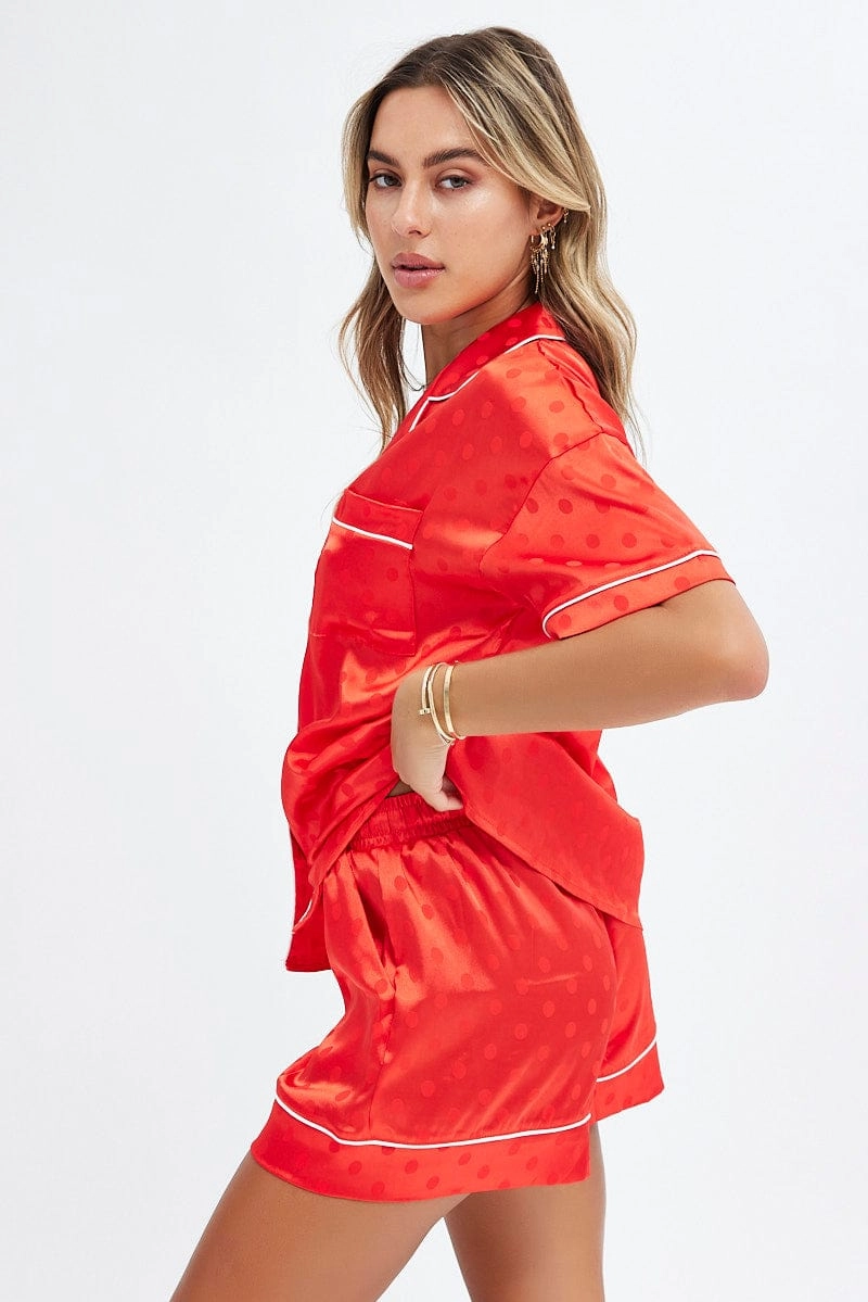 Red Polka Dot Satin PJ Polka Dot Contrast Piping Pyjama Set
