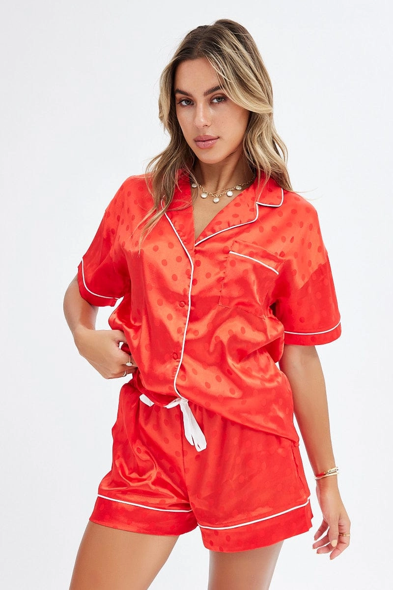 Red Polka Dot Satin PJ Polka Dot Contrast Piping Pyjama Set