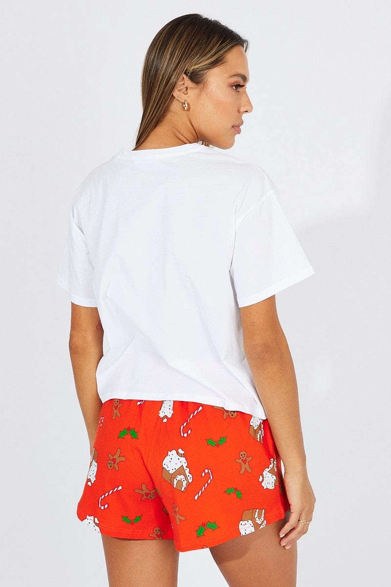 Red Print Graphic Pyjama Set Christmas Novelty Jersey PJ