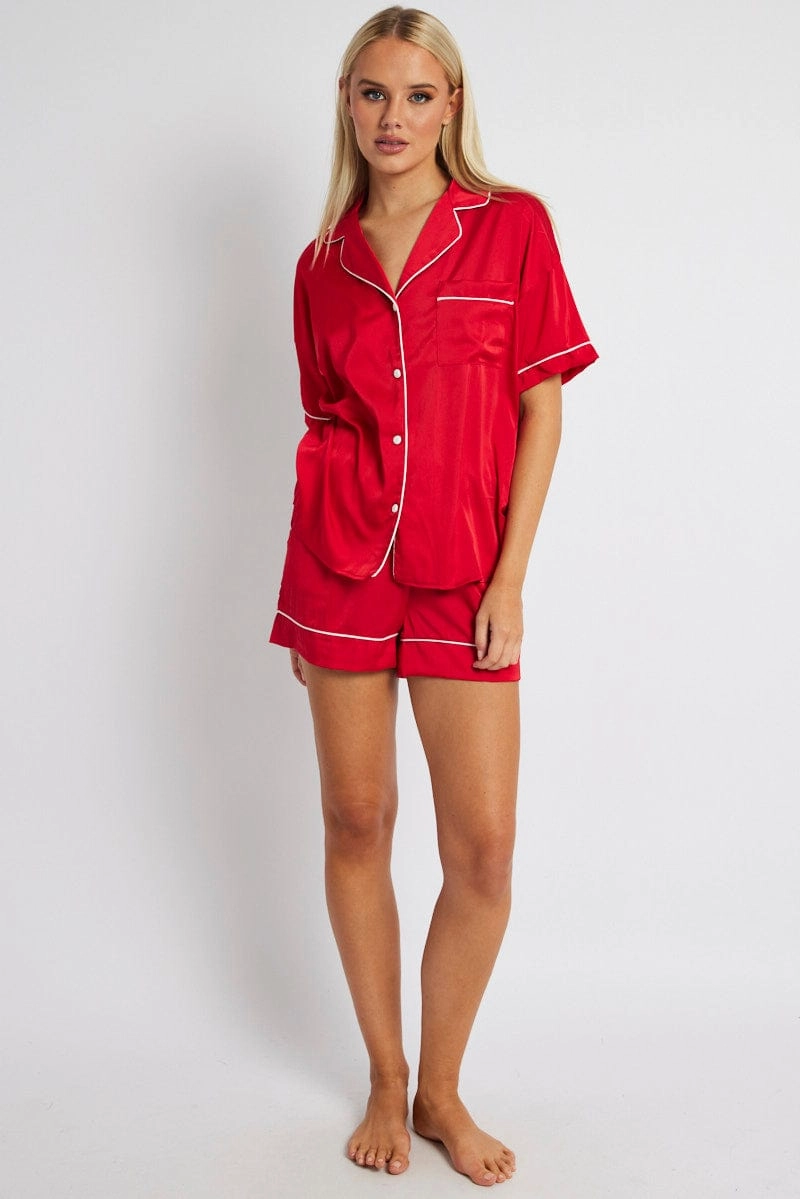 Red Pyjama Set Satin Short Sleeve Contrast Piping PJ