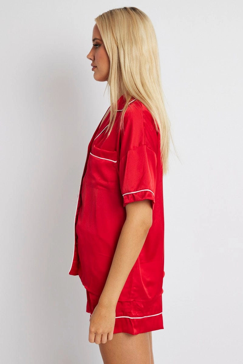 Red Pyjama Set Satin Short Sleeve Contrast Piping PJ
