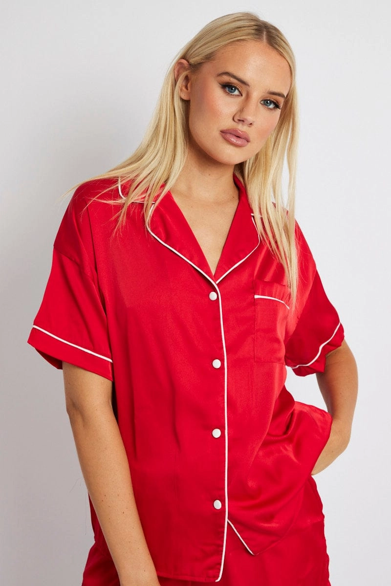 Red Pyjama Set Satin Short Sleeve Contrast Piping PJ