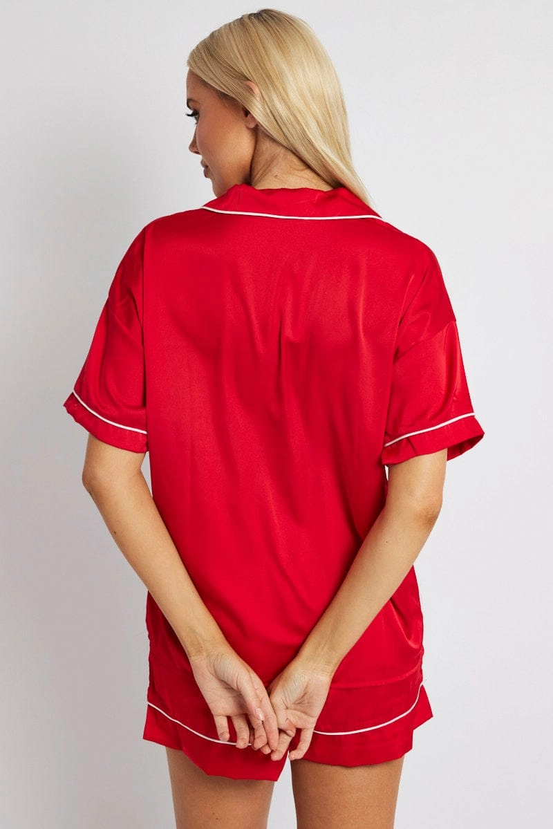 Red Pyjama Set Satin Short Sleeve Contrast Piping PJ