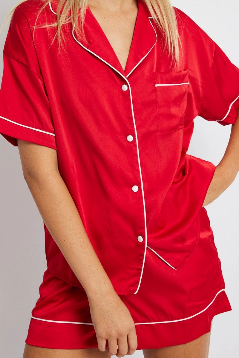 Red Pyjama Set Satin Short Sleeve Contrast Piping PJ