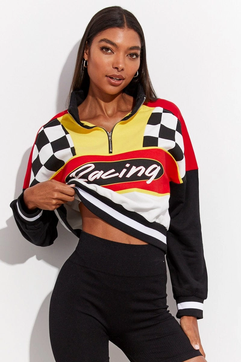 Red Sweater Racing Long Sleeve Half Zip Check