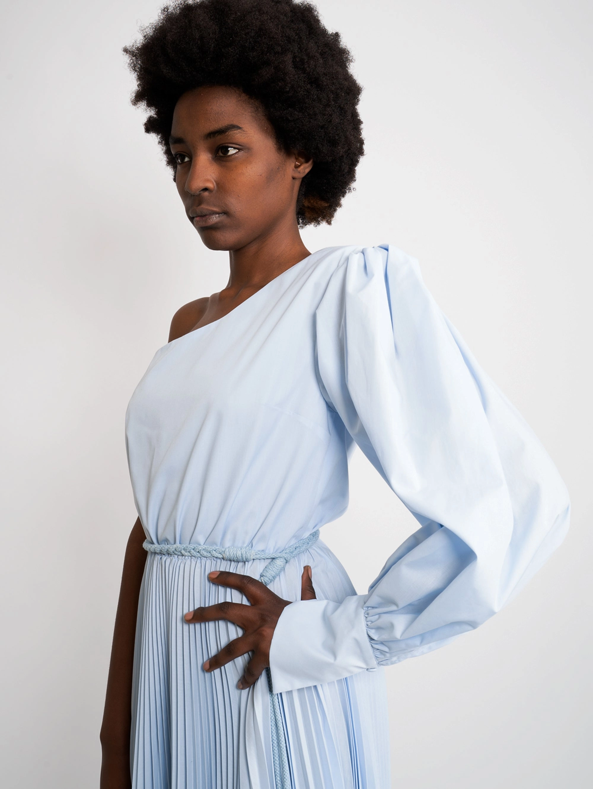 Sky Pleated Mono Shoulder Dress
