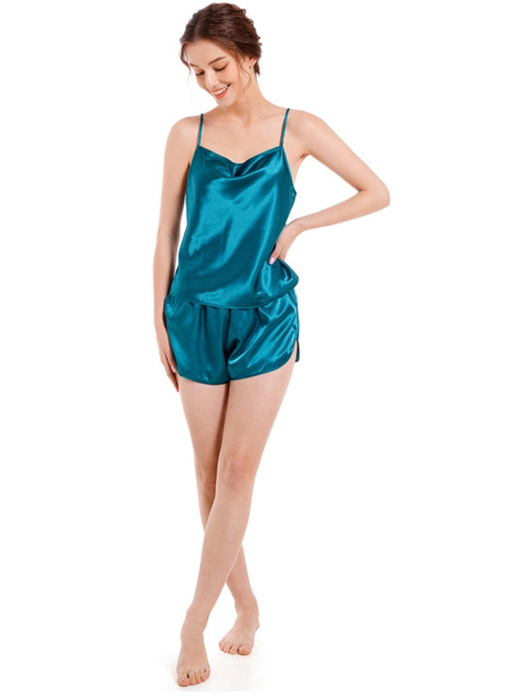 Solid Ice Silk Pajamas Suspenders Shorts Set