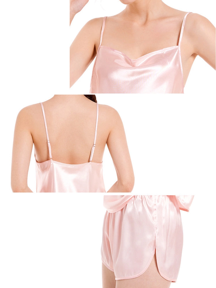 Solid Ice Silk Pajamas Suspenders Shorts Set