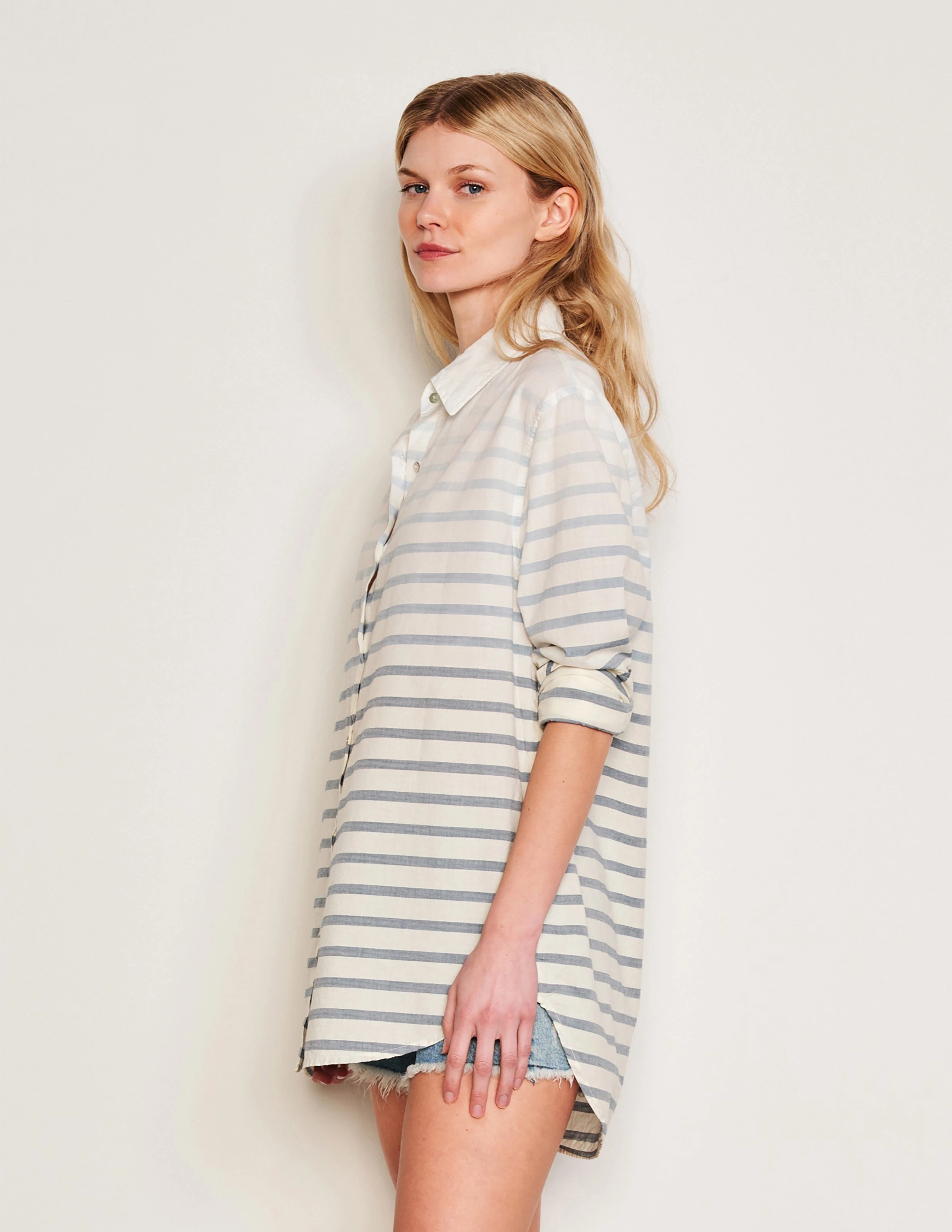 Sundry Changing Tide Stripe Classic Shirt & Midi Apron Dress Set in Deep Navy
