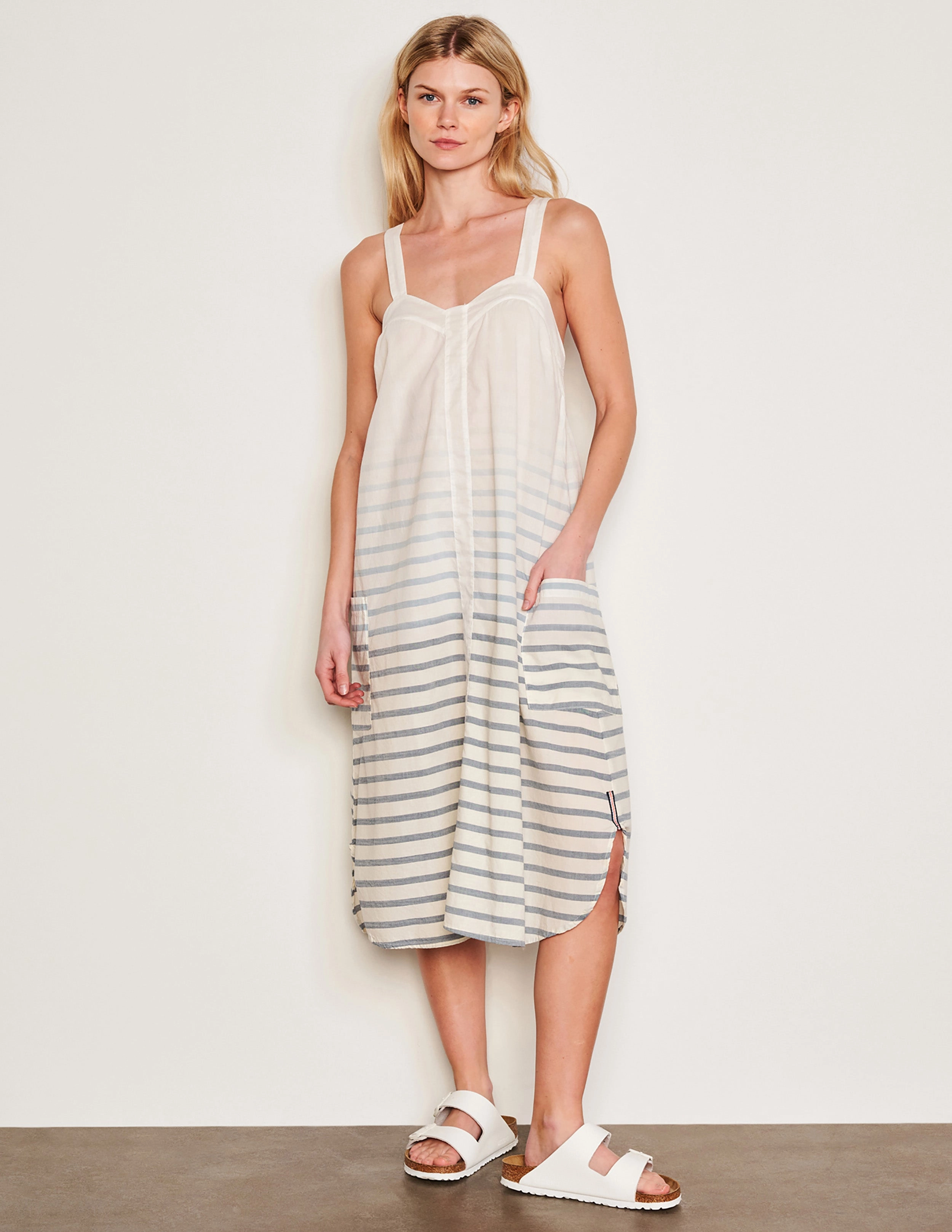 Sundry Changing Tide Stripe Classic Shirt & Midi Apron Dress Set in Deep Navy