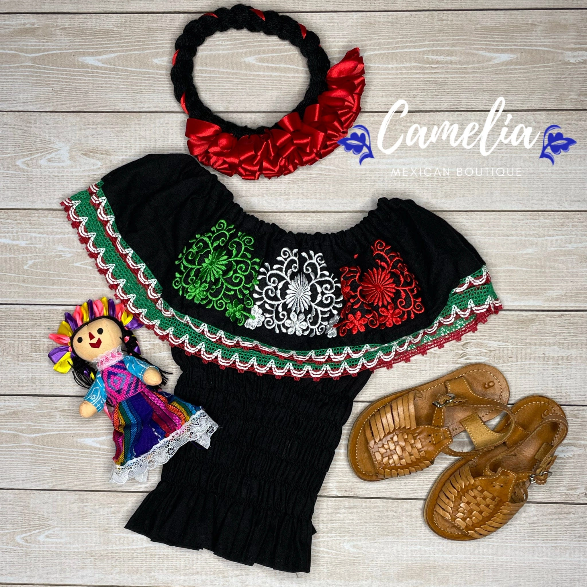 Tri-Color VIVA MEXICO Girls Off Shoulder Elastic Blouse