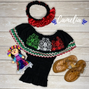Tri-Color VIVA MEXICO Girls Off Shoulder Elastic Blouse