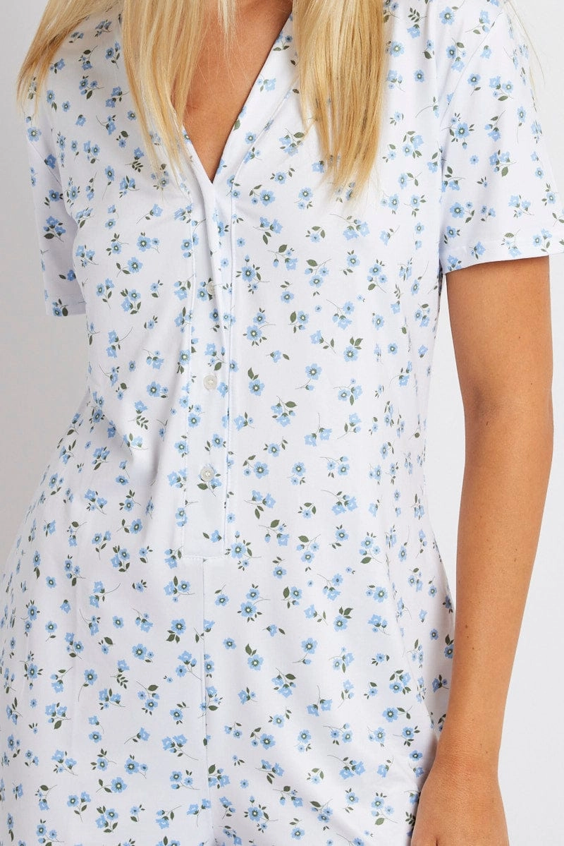 White Floral Ditsy Rib Romper Button Nightwear Onesie