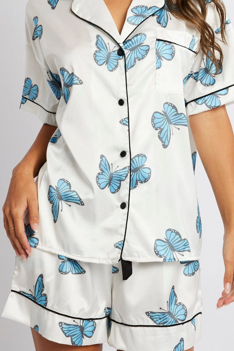 White Print Butterfly Pyjama Set Short Sleeve Piping Satin PJ