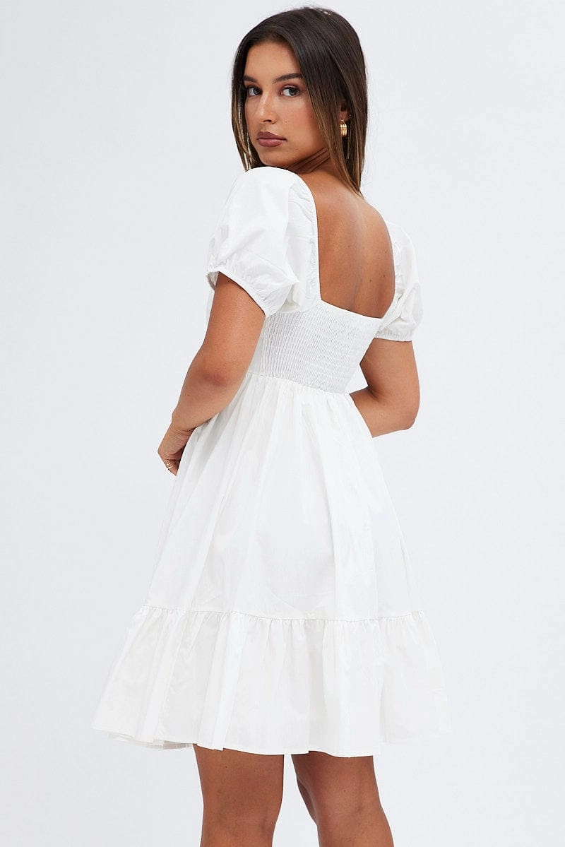 White Short Sleeve Sweetheart Neck Skater Dress