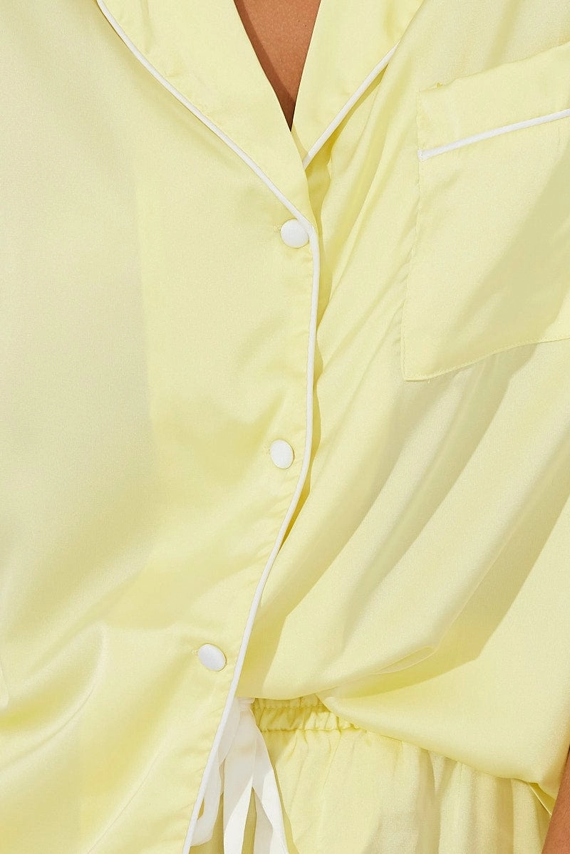 Yellow Pyjama Set Satin Short Sleeve Contrast Piping PJ