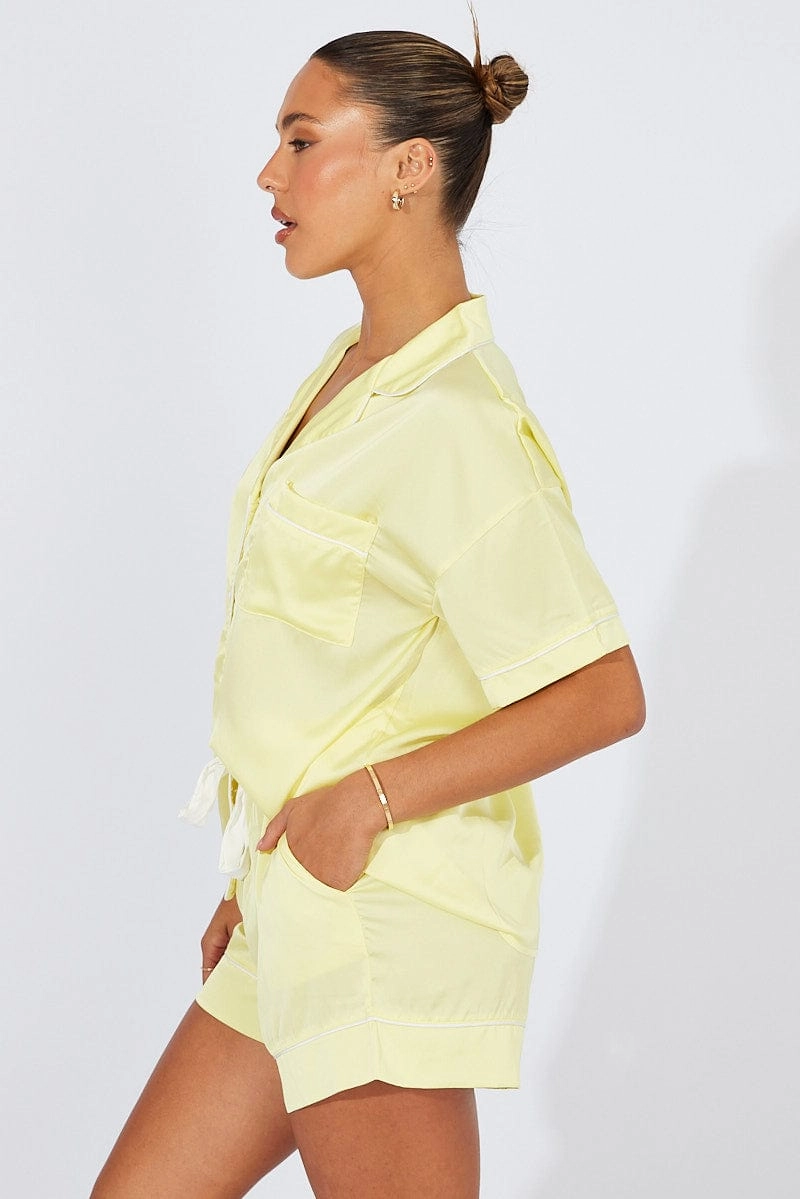 Yellow Pyjama Set Satin Short Sleeve Contrast Piping PJ