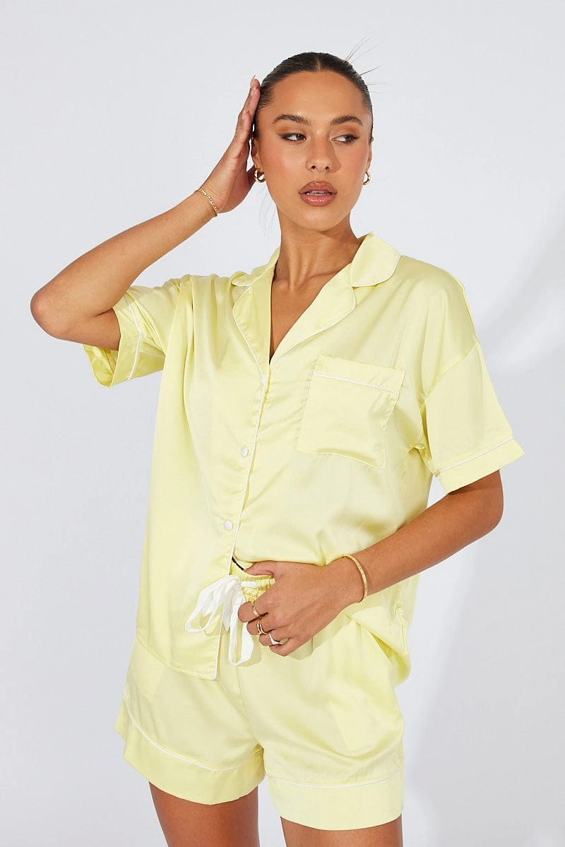 Yellow Pyjama Set Satin Short Sleeve Contrast Piping PJ