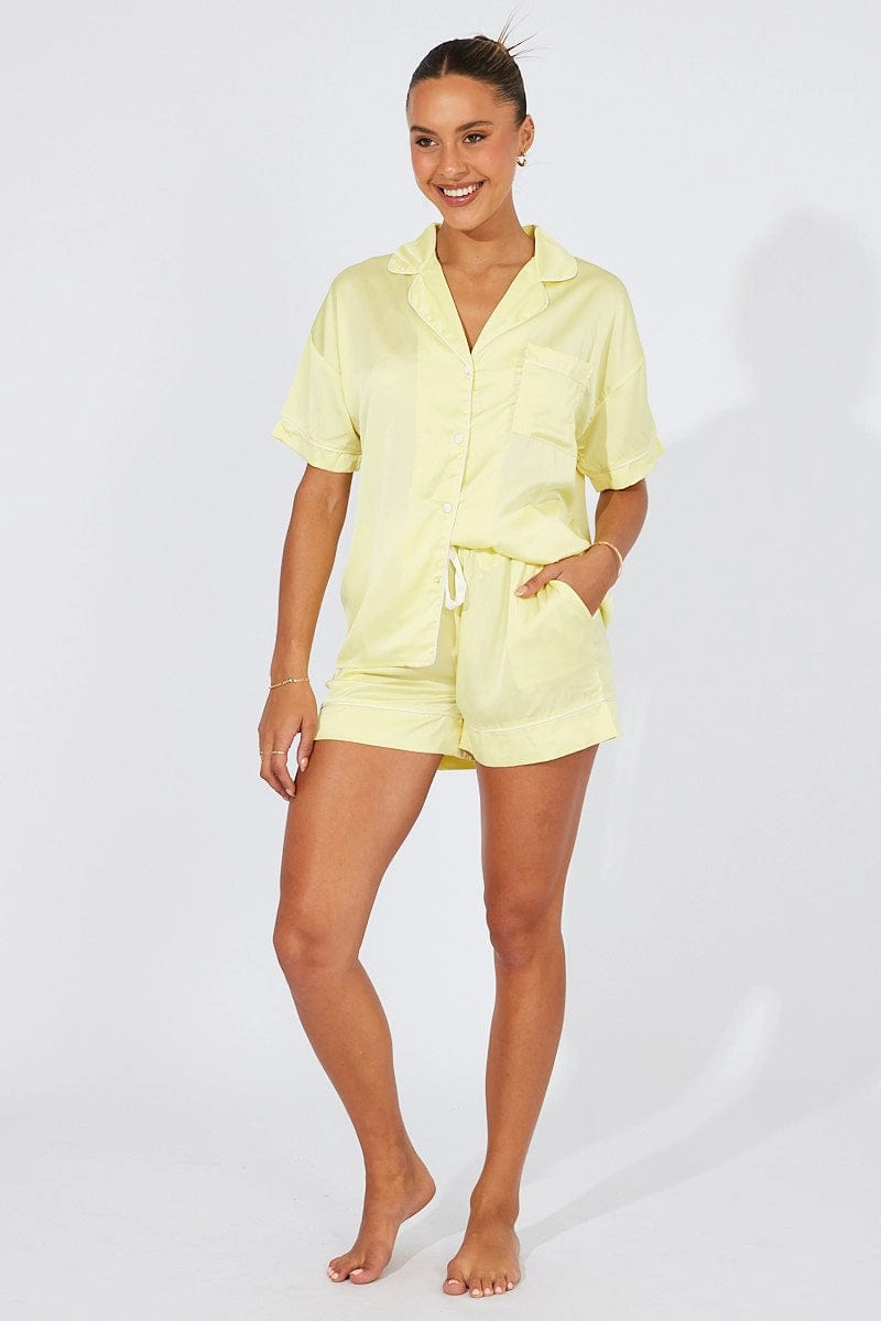 Yellow Pyjama Set Satin Short Sleeve Contrast Piping PJ