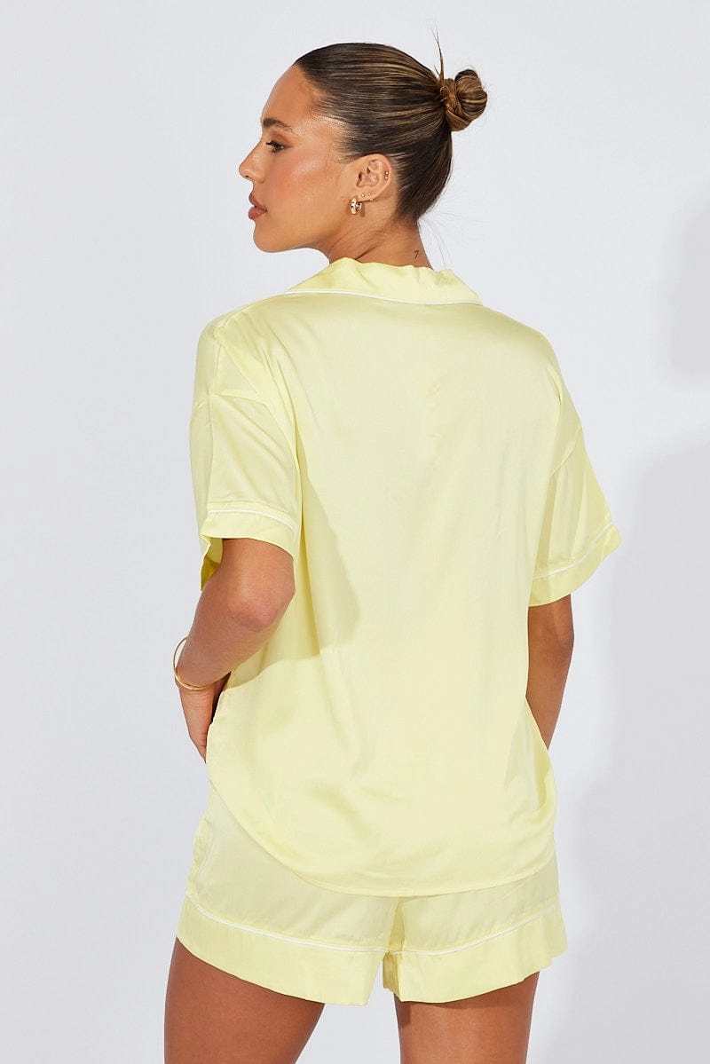 Yellow Pyjama Set Satin Short Sleeve Contrast Piping PJ